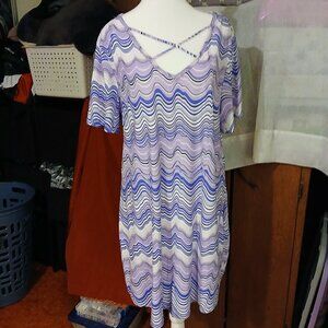 Just Be Womens Plus 2X Purple & White Wavy Stripe Short Sleeve Tunic Dress
